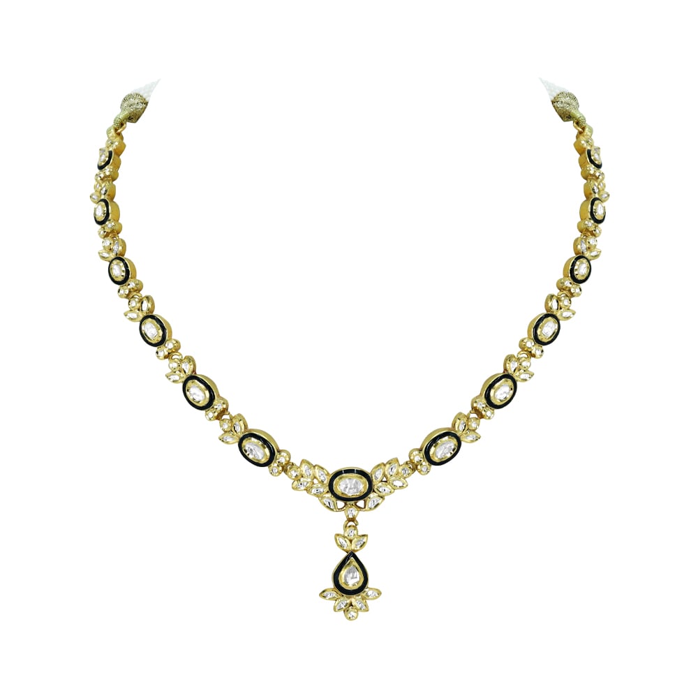 Polki Necklace with Black Meena Oval Motif